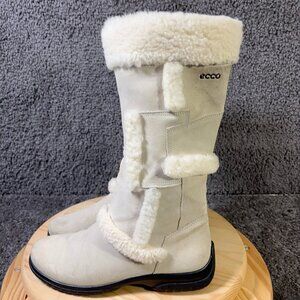 Ecco Boots Womens Size 8.5 Cream Suede Wool Lined Faux Fur Trim Winter Snow